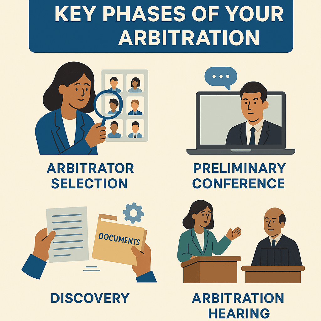 Key arbitration phases: selection, conference, discovery, hearing.